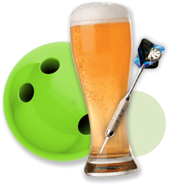 Bowling ball, glass of beer and dart. Enjoy drinks, bowling and darts at Falls Bowl in Chippewa Falls WI.