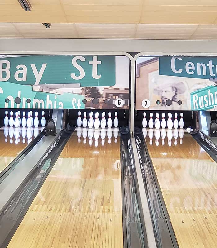 Bowling pins set up on lanes at Falls Bowl in Chippewa Falls WI.